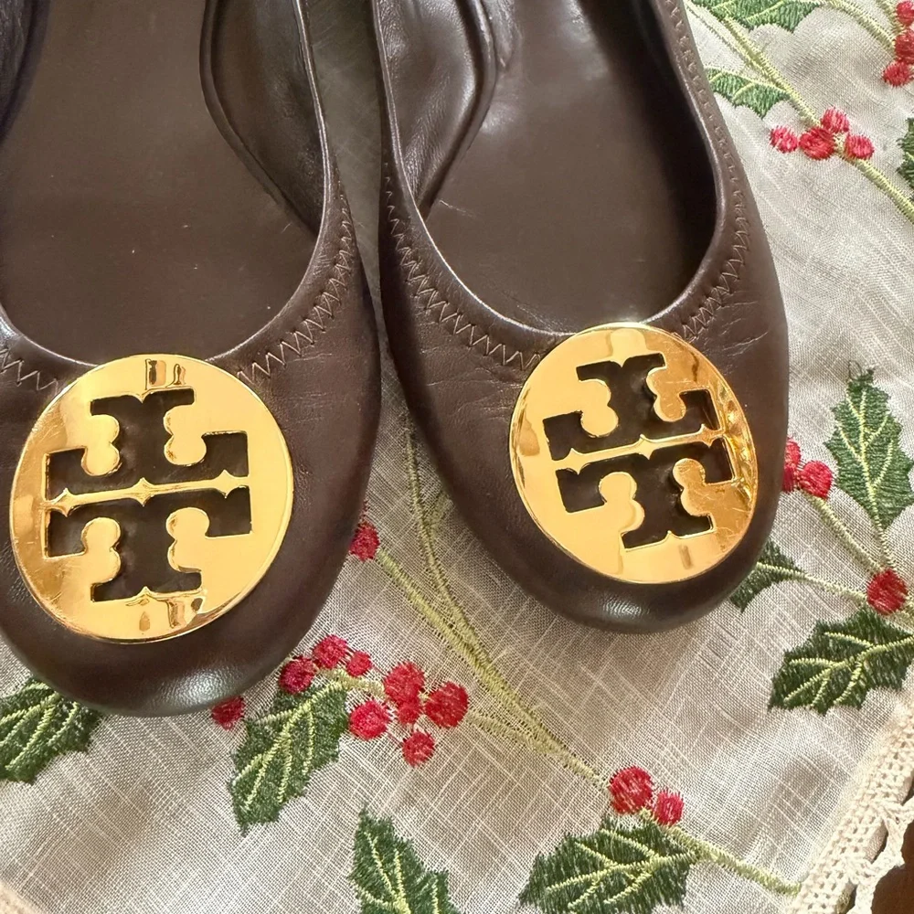 Tory Burch Dark Brown Leather Flats with Gold Emblem